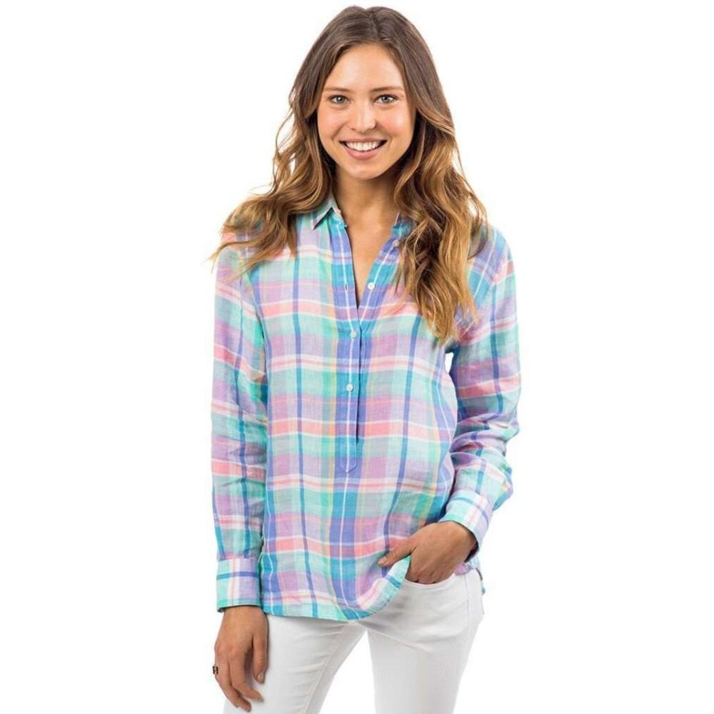 Southern Tide Coastal Madras Linen Hadley Popover in Prism Pink Small